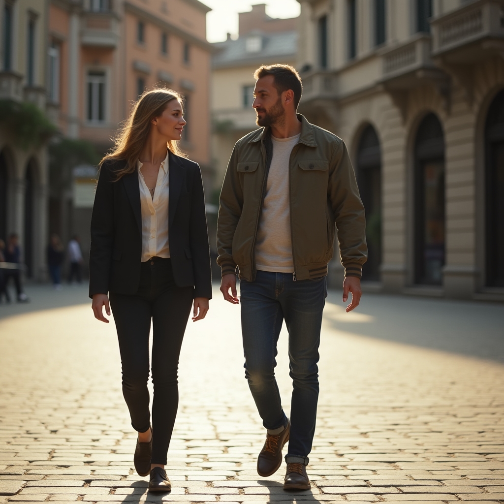 Two people discussing a potential vendor location in a paved courtyard